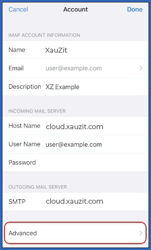 iOS - Mail - Accounts - IMAP - Advanced